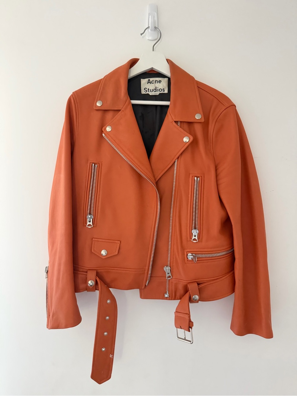 Acne Orange Leather Biker Jacket with Silver Hardware